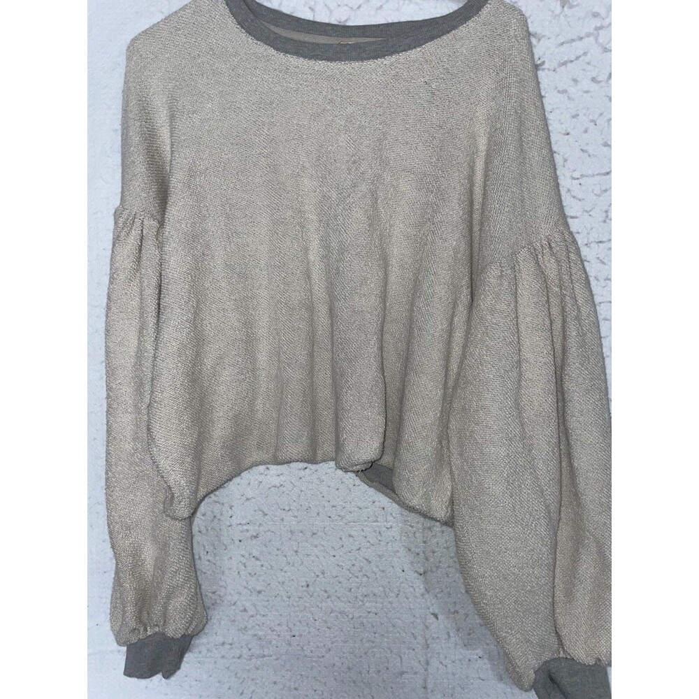 Free People Sweatshirt Crop Top Drop Balloon Sleeve Gray Womens L Reverse Fleece